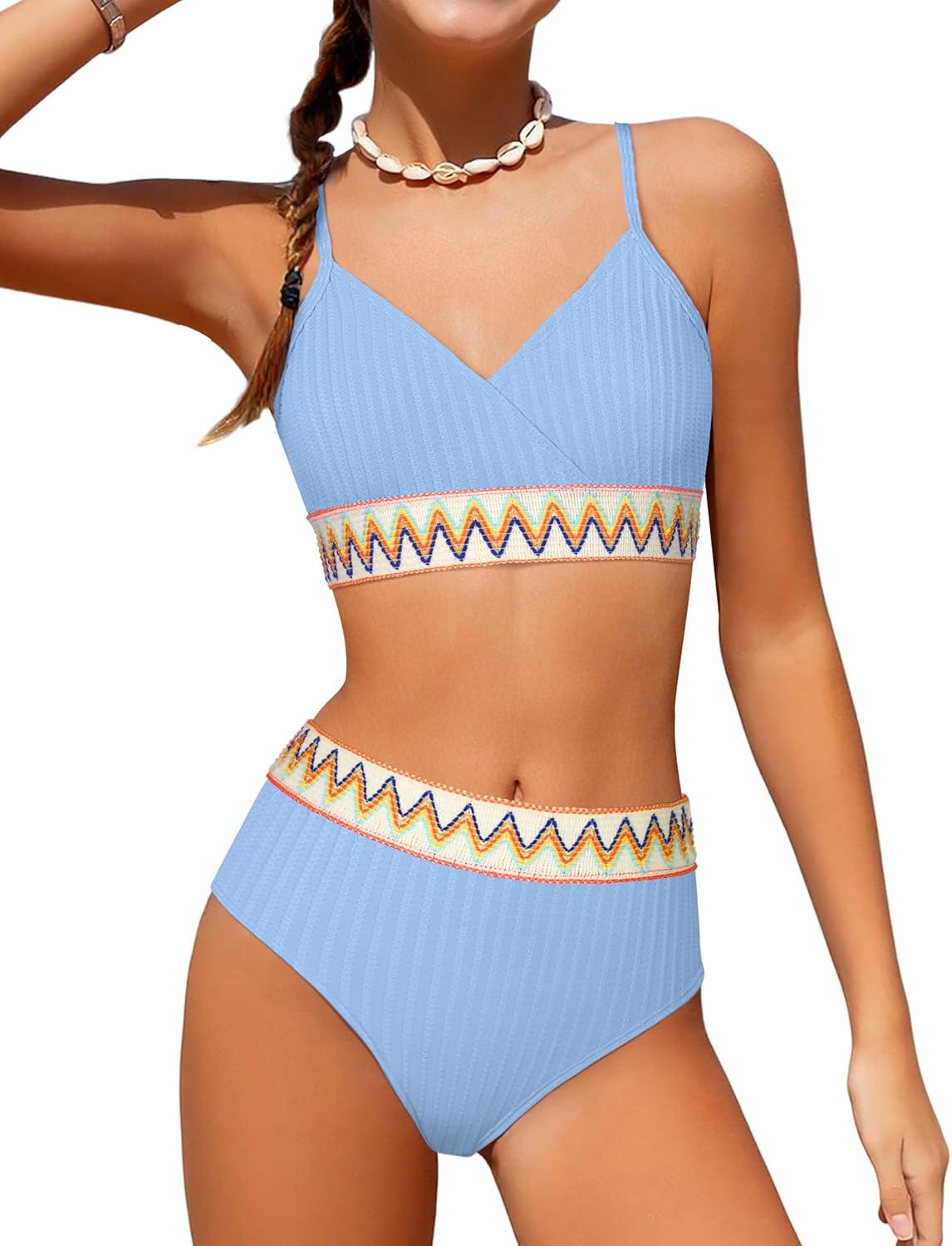 DONWEN Girls Swimsuits V Neck Bikini Set Textured High Waist Girl Two Piece Bathing Suit