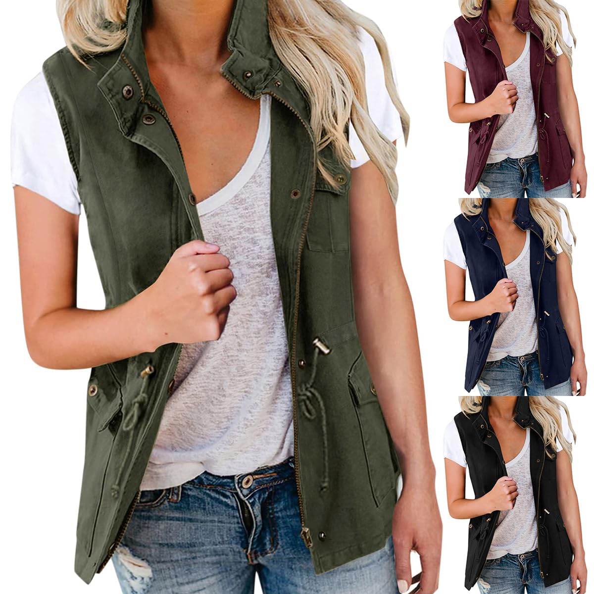 Minetom Femmes Poches Fonctionnelles Cordon De Serrage Taille Gilet Cargo Veste Sans Manches Blouson Reporter Travail Camping Randonnée Outwear