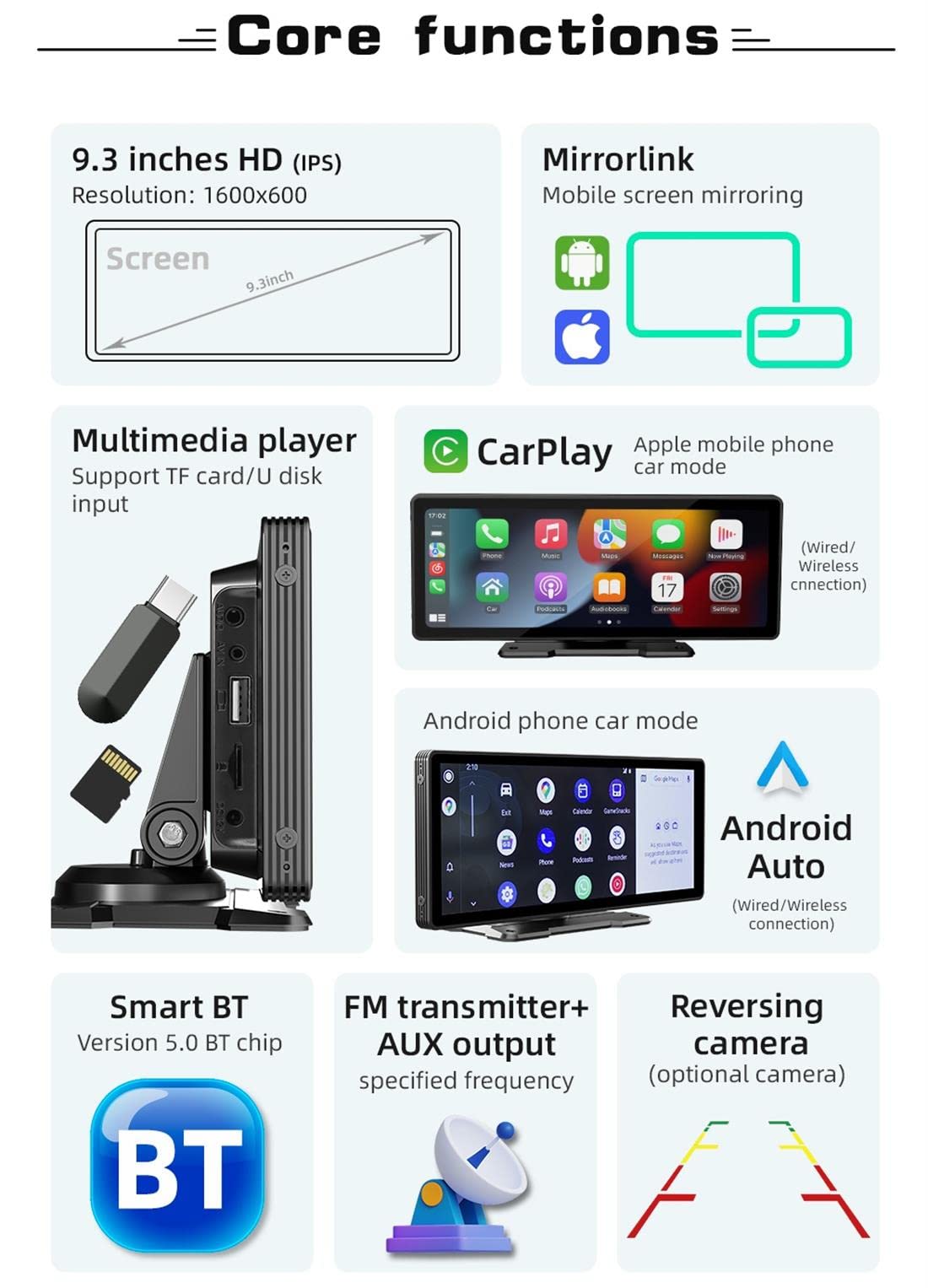 Draagbare draadloze Carplay en Android Auto Radio, 9,3 inch HD-touchscreen met Bluetooth FM/TF/USB Mirror Link/auto MP5-speler, 12 LED-achteruitrijcamera