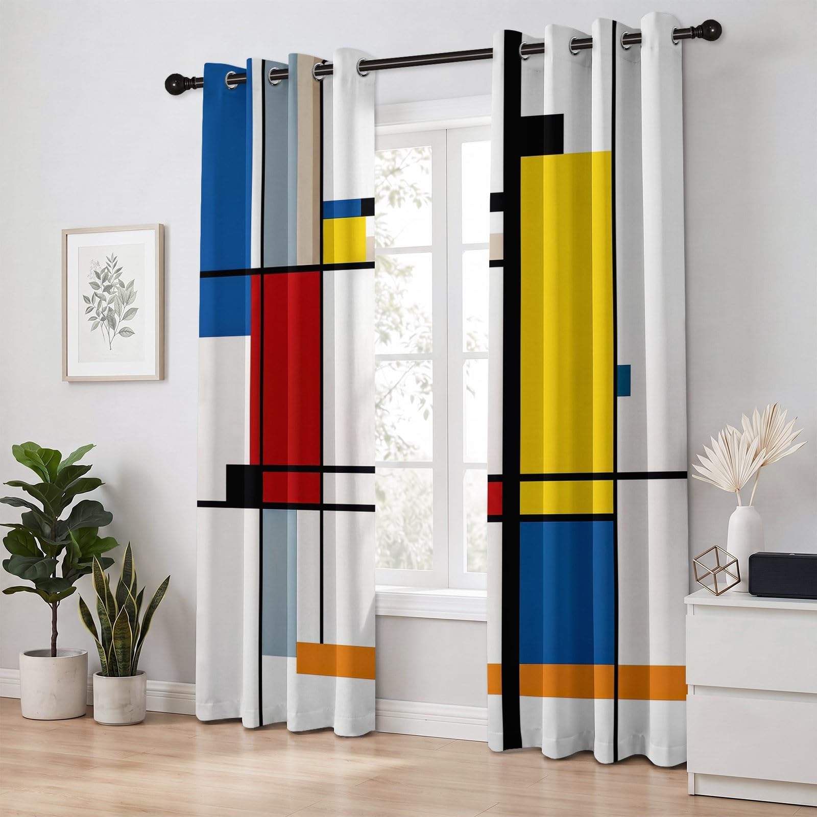 Tenda oscurante con blocchi rettangolari, colore rosso, blu, giallo, tende termiche con occhielli, tenda geometrica astratta per bambini, soggiorno, camera da letto, finestra, set di 2 tende, L 91,5 x