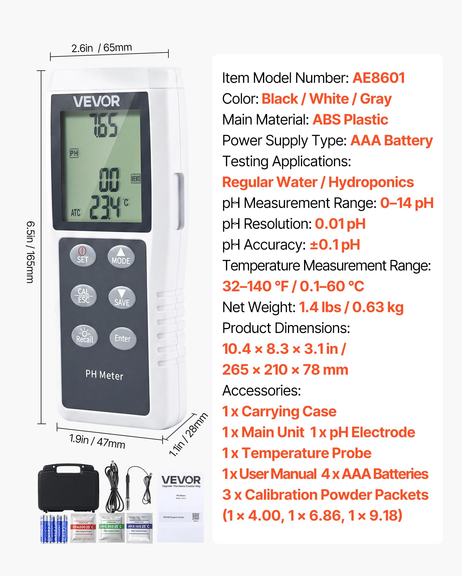 VEVOR pH-Meter, Messbereich 0–14, Wasserdichte Sonde (IP68), 3-Punkt-Automatikkalibrierung, Tragbares Tester-Set mit Kalibrierpulver, Temperatursonde & Tragetasche, für Trinkwasser & Hydrokultur