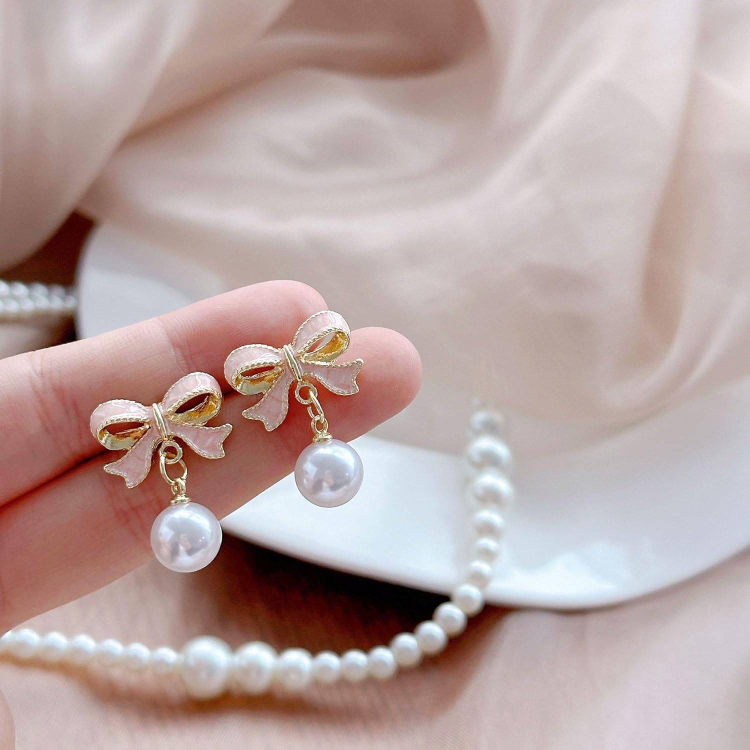 Pearl Bow Earrings for Women Delicate Bow Dangle Earrings Ribbon Bow Stud Earrings Bow Dangle Drop Earrings Preppy Cute Teen Christmas Jewelry Accessories - Image 5