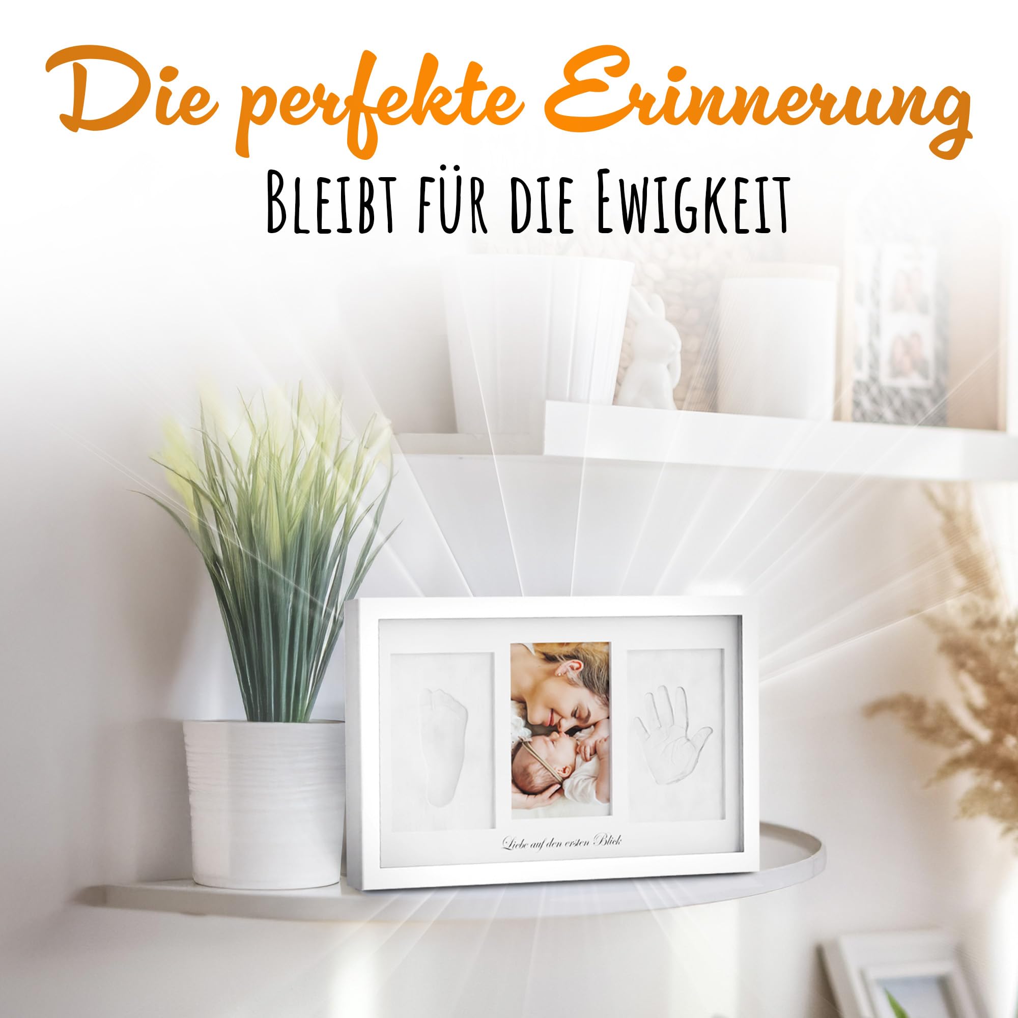Premium Fußabdruck Handabdruck Baby Tonabdruck XXL SET 4+1 DESIGNS | Personalisierbar, inkl. Zubehör, Echtholz Rahmen | Gipsabdruck Baby Hand & Fuß