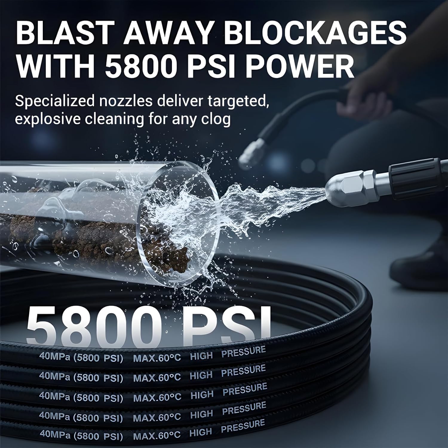 High Pressure Drain Cleaner Hose 5800 PSI, Triple Layer Burst-Proof PVC & Stainless Steel Sewer Jetter Hose Kit, Universal Pressure Washer Drain Unblocker (6-Nozzle-30Ft Explosion-Proof Pipe+AB)