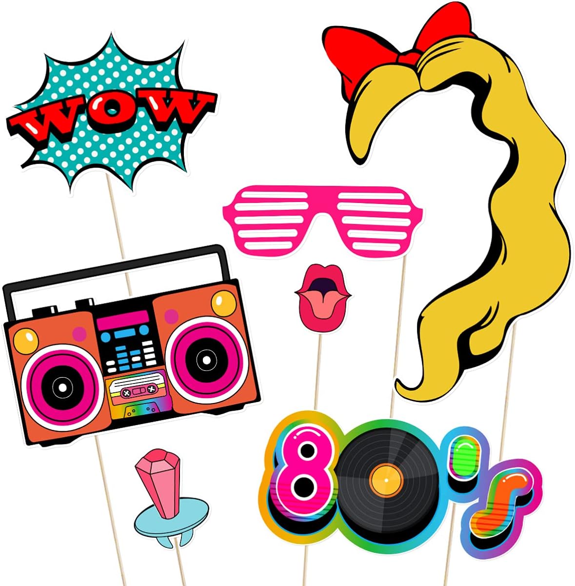 LUOEM 21pcs 80's Photo Booth Props Funny Birthday Party Photo Props with Wooden Sticks Creative Party Supplies, for 1980s Theme Birthday Party Decoration Accessories