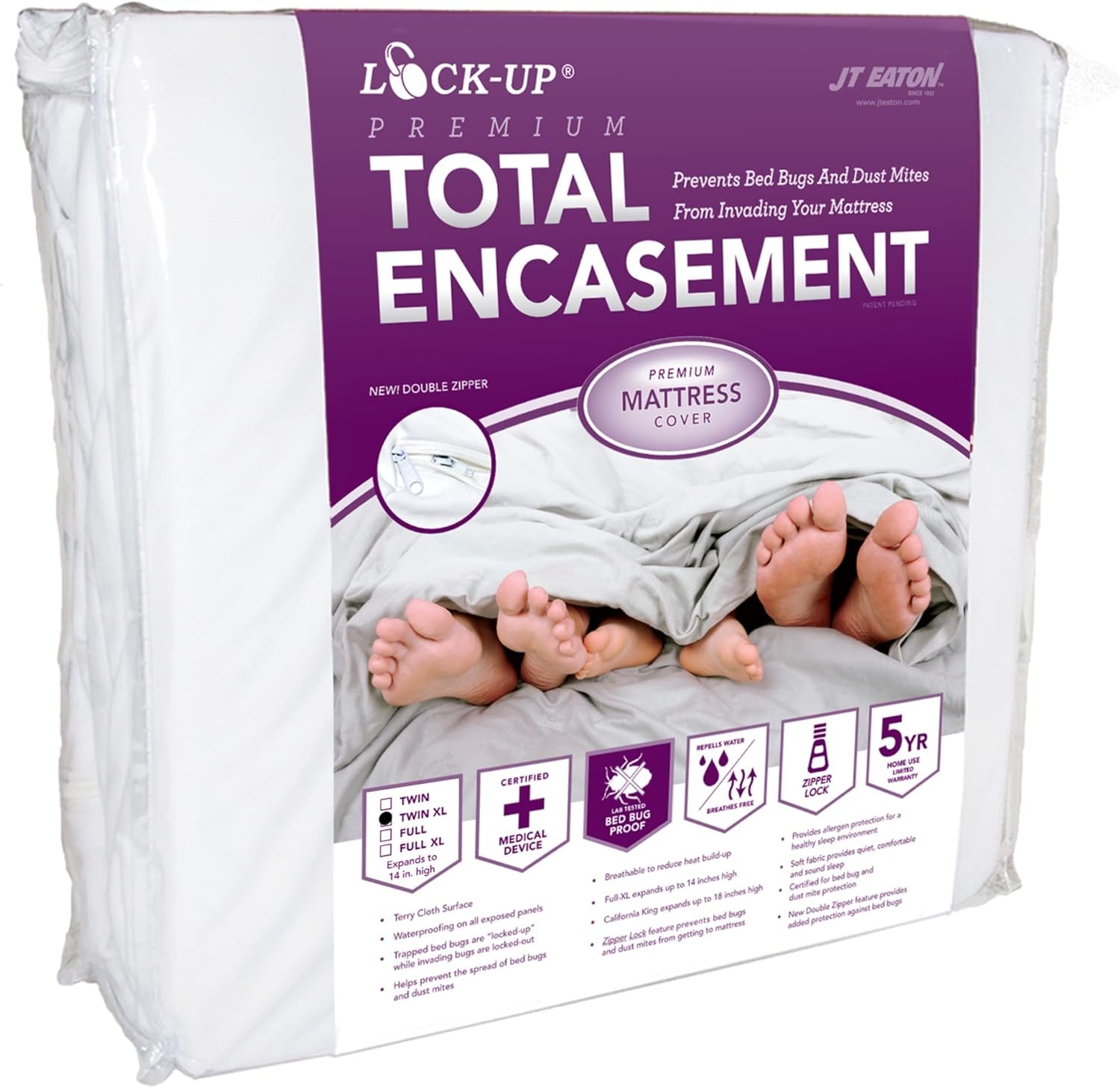 JT Eaton 81TWXLENC Lock-Up Twin XL Mattress Encasement, White - Bedbug Protection, Durable Stretch-Knit Fabric