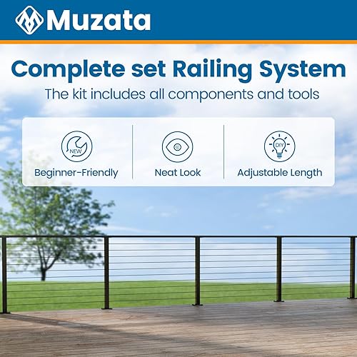 Miniatura 3 de Muzata Kit completo de barandilla de cable negro de 6 pies 6 pulgadas a 13 pies, sistema de barandilla de cable de 36 pulgadas para cubiertas con