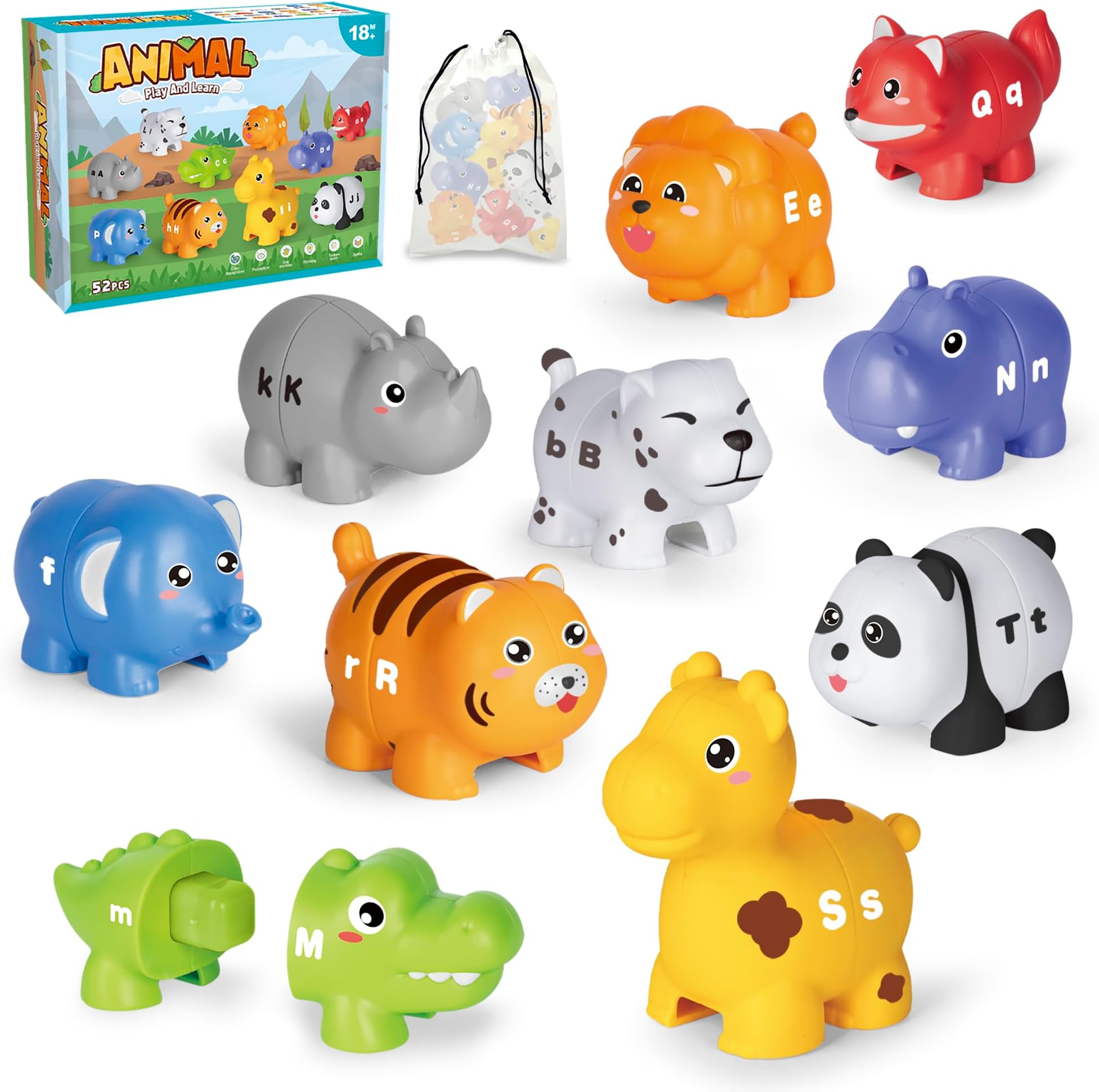 52 PCS ABC Animals Alphabet Match Game with Uppercase Lowercase, Learning Toys for 2 3 4 Year Old, Alphabet Set for Kindergarten, Preschool Activities Montessori Fine Motor Toys for Toddlers Kids