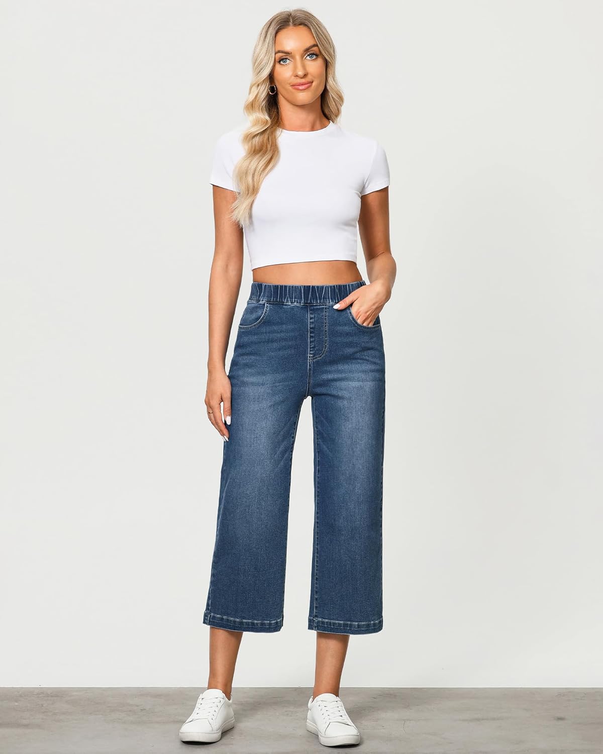 GRAPENT Capri Jeans for Women Wide Leg High Waisted Effortless Flow Pull On Stretchy Denim Elastic Waist Pants with Pockets