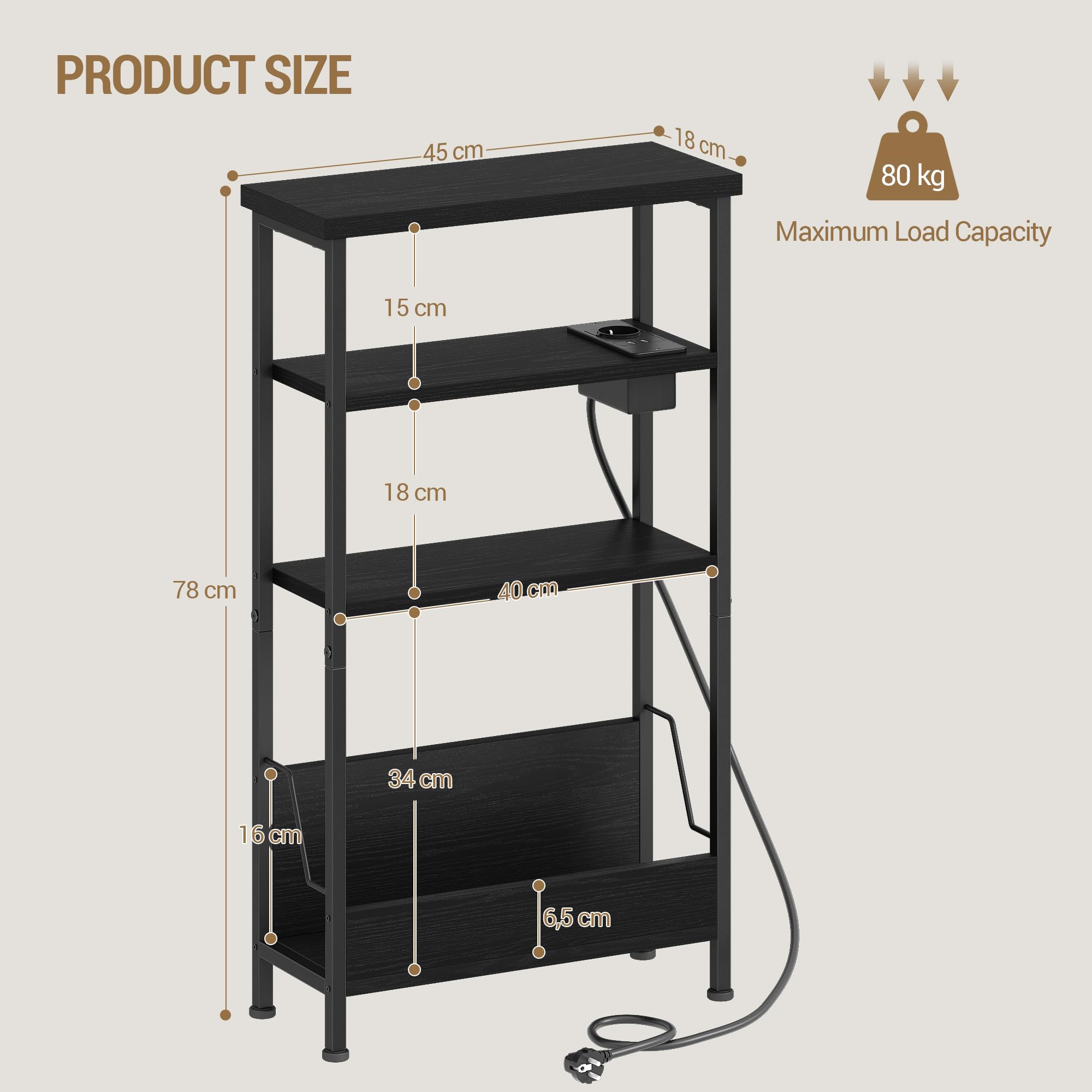 Hzuaneri Mesa Auxiliar Estrecha de 4 Niveles con Portarevistas y Toma de Carga, Mesita para Sofá de Salón, Dormitorio, Estudio, Negro ET40004BEU