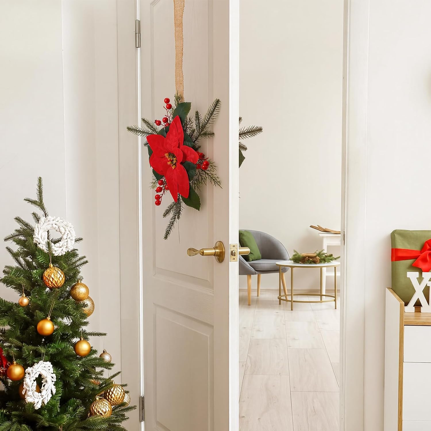 Retrowavy Christmas Door Swag Wreath with Double Sided Red Poinsettia Decor