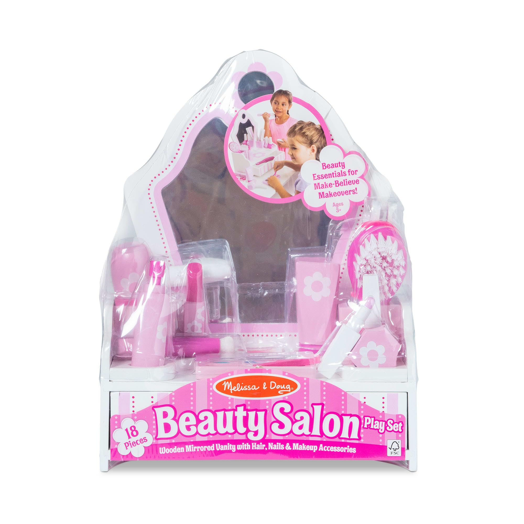 Melissa & Doug - Schönheitssalon Spielset aus Holz - 18-teiliges Set mit Schminktisch und Zubehör für fantasievolles Rollenspiel, kein echtes Make-up, für Kinder ab 3 Jahren