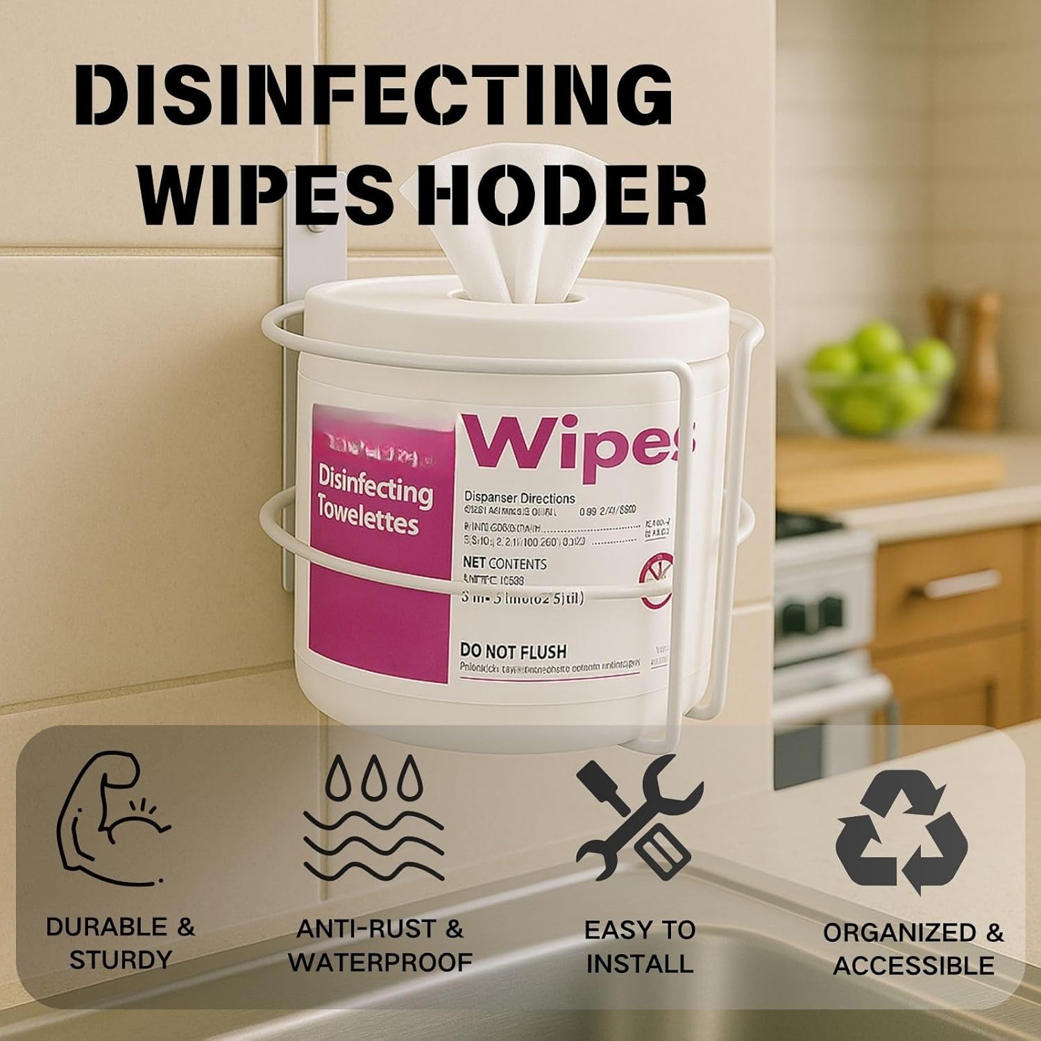 Wall Mount Wipes Holder & Dispenser -2 Pack- Rustproof Bathroom & Kitchen Organizer with 3M Adhesive or Screws, Fit for Clorox, Lysol, Baby & Pet Wipes – No-Drill Space-Saving Wall Rack