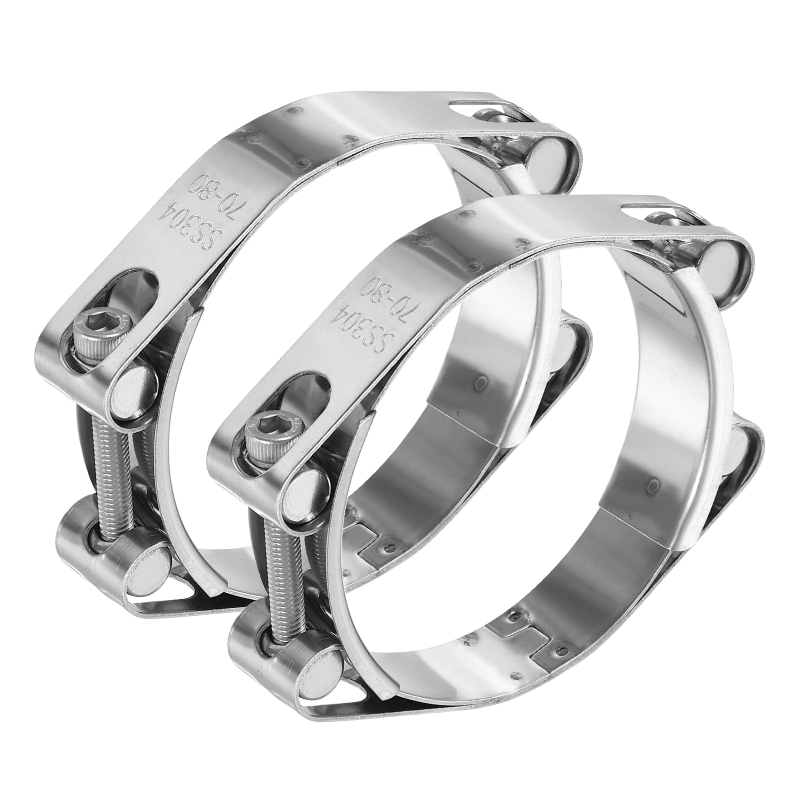 sourcing map 2pcs T-Bolt Hose Clamp 70-80mm (2.8-3.2") 304 Stainless Steel Double Head Adjustable Intake Radiator Tube Clamps for Automotive Plumbing Industrial Intercooler Pipe