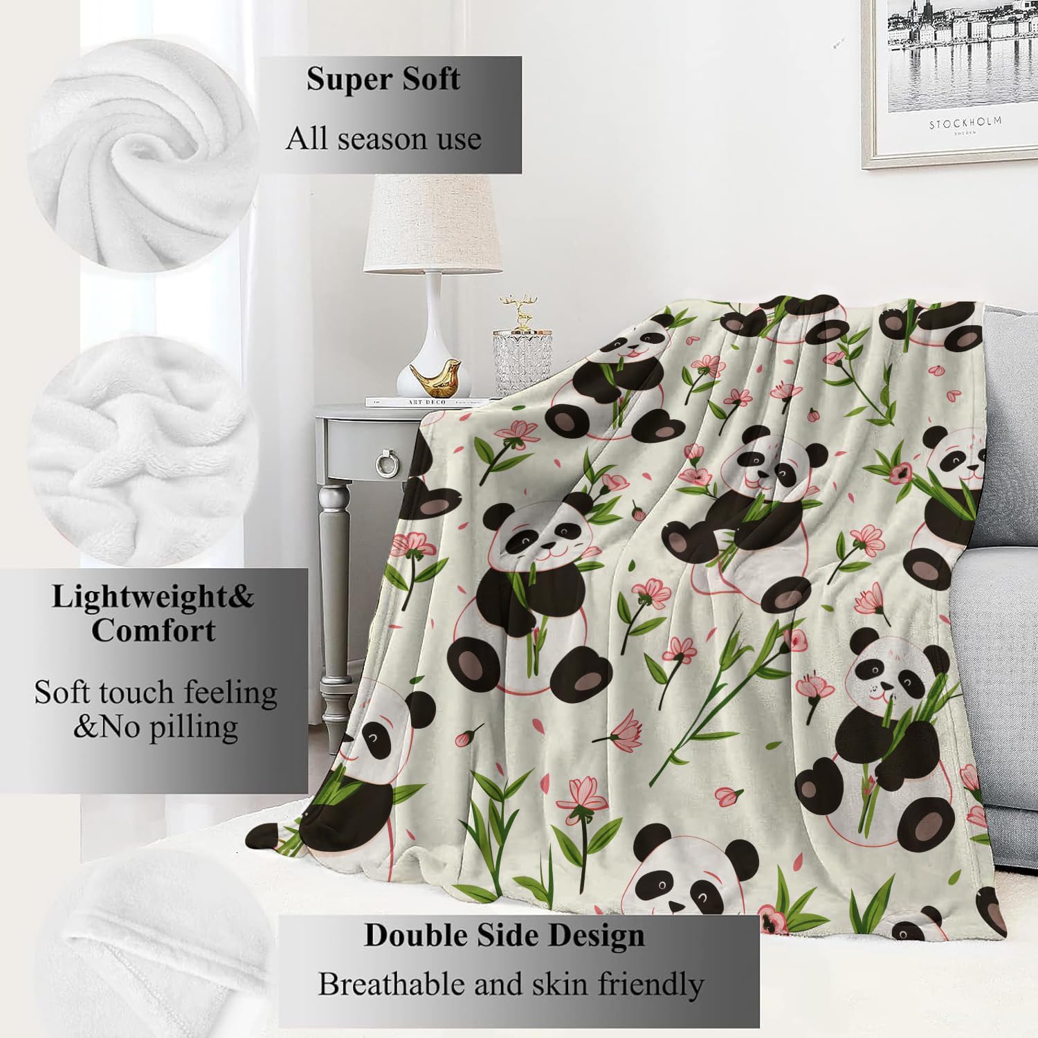 Cartoon Panda Blanket Cute Animal and Floral Flower Throw Blankets,Birthday Gifts for Kids & Animal Lovers,Lightweight Soft Fleece for Sofa Couch Bed Room Travel Farmhouse Decor 50x60in - Image 2