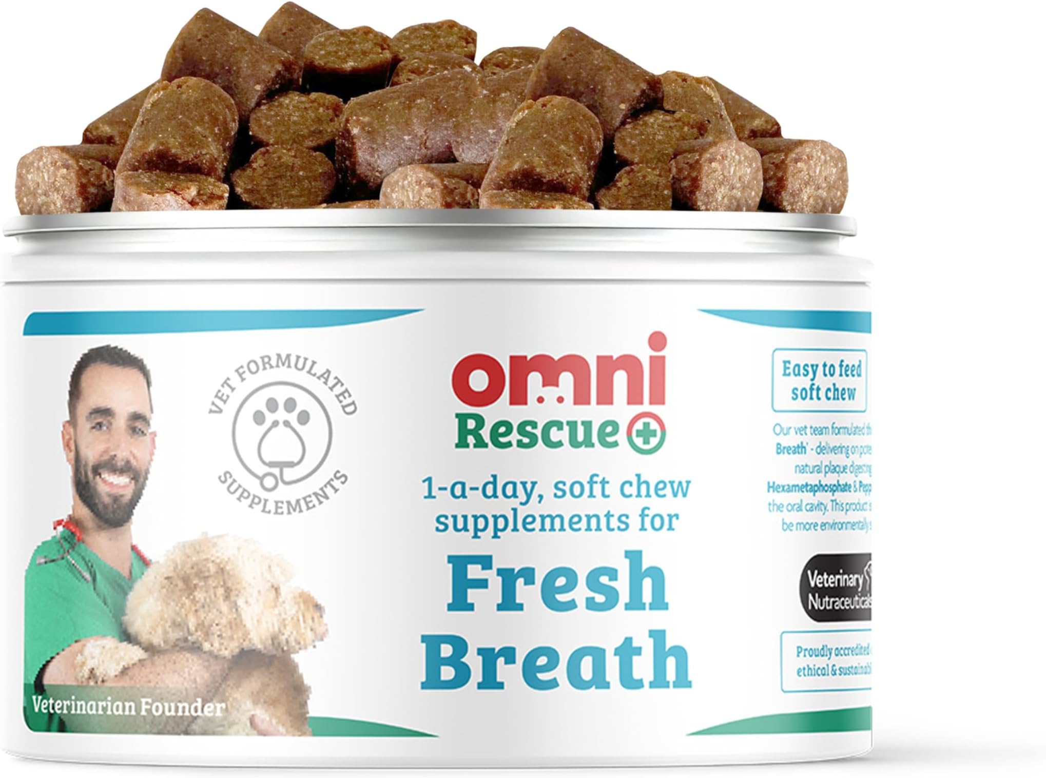Omni Dog Breath Freshener Supplement - Dragons’ Den Winners, One-a-Day Peppermint Supplements for Dogs, Plaque Remover Dental Care, Fresh Breath for Dogs, 30 Servings, Large 30+ Kg