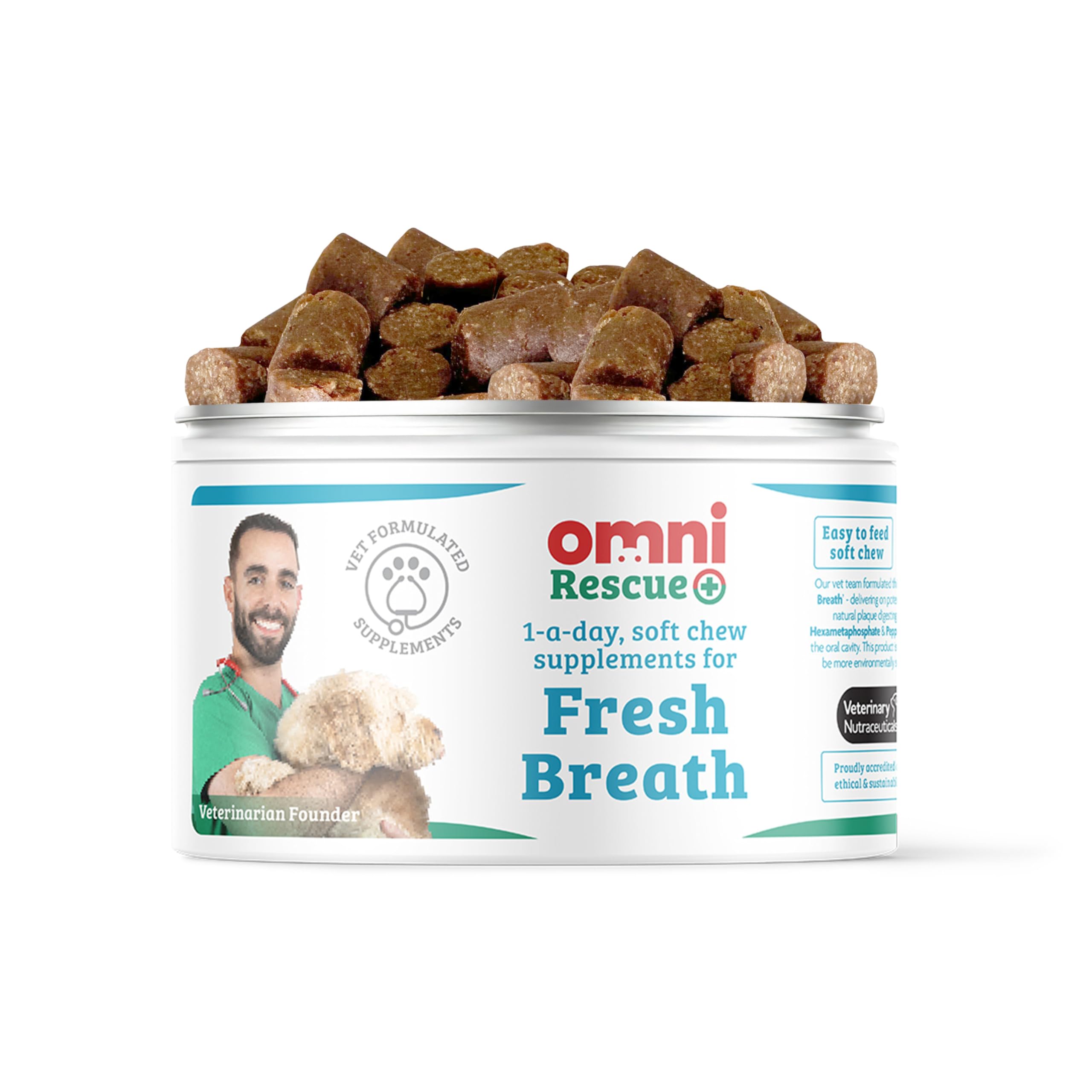 Omni Dog Breath Freshener Supplement - Dragons’ Den Winners, One-a-Day Peppermint Supplements for Dogs, Plaque Remover Dental Care, Fresh Breath for Dogs, 30 Servings, Small 0-15 Kg
