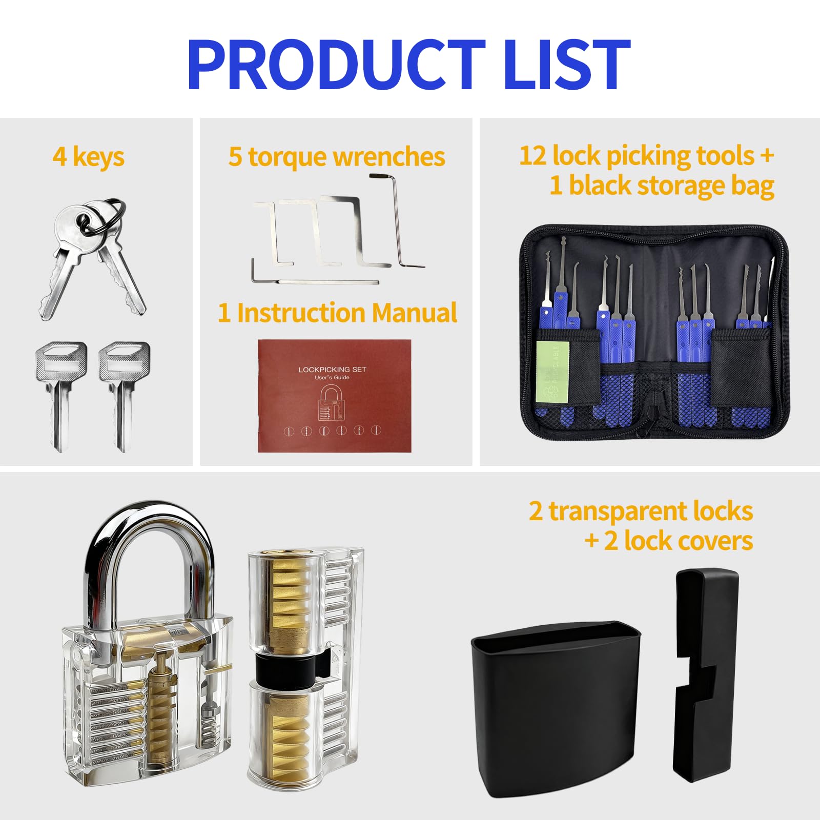 Juego de Ganzúas 17piezas con 2 Cerraduras de Transparente Cuatro llaves, dos estuches de cuero negro y un manual de instrucciones detallado, Lockpicking Set para Principiantes y Cerrajeros