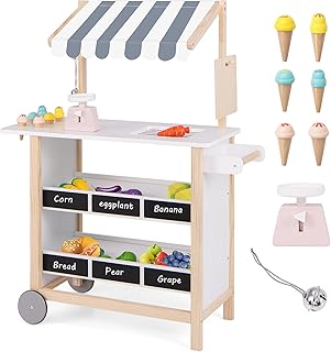 HONEY JOY Kids Ice Cream Cart, Wooden Grocery Store Playset w/6 Pieces Play Food, Realistic Bell & Food Scale, Chalkboard, Pretend Play Dessert Shop Counter Stand Truck, Gift for Boys Girls