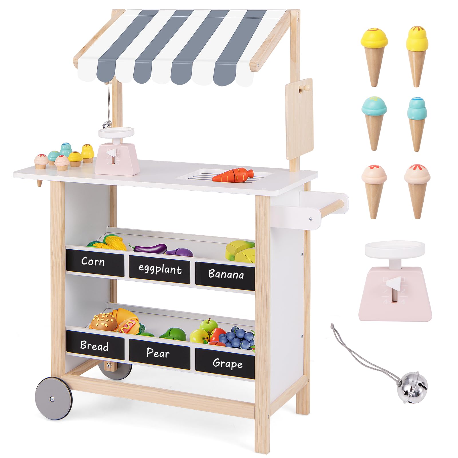 HONEY JOY Kids Ice Cream Cart, Wooden Grocery Store Playset w/6 Pieces Play Food, Realistic Bell & Food Scale, Chalkboard, Pretend Play Dessert Shop