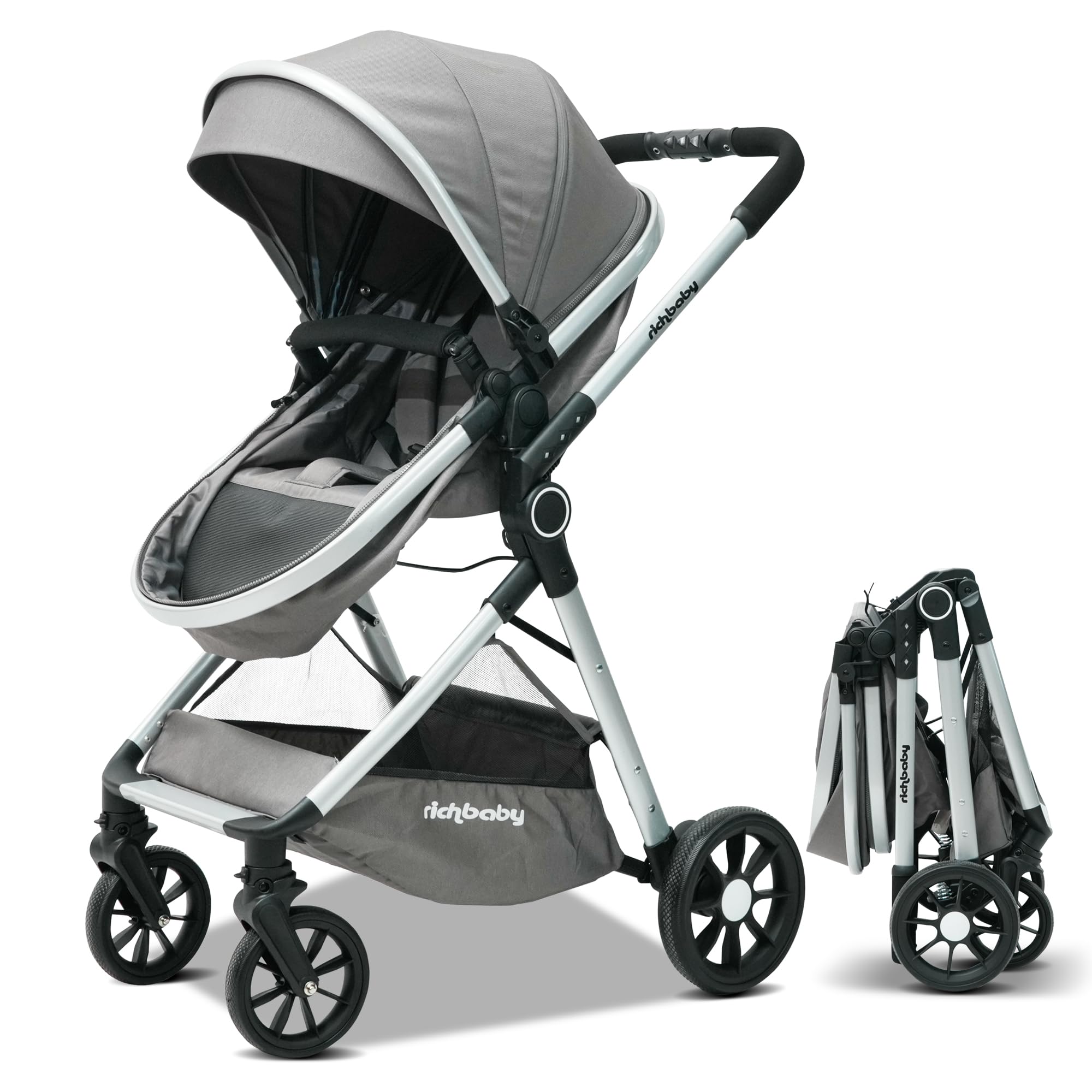 Passeggino 2 in 1 con navicella, compatto, pieghevole, protezione UV