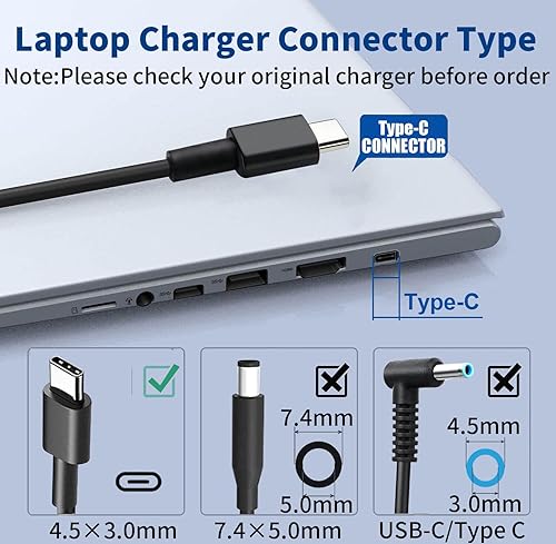 Vista 2 de Nuevo cargador delgado de 65 W USB C para laptop Dell cargador USB C, compatible con Dell Latitude 5420 5520 5540 7420 7410 3450 5290 7400, XPS 13