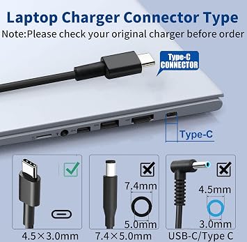 New 65W USB C Laptop Charger Compatible with Dell Laptop Charger Type C Computer for Dell Latitude 5420 5520 5540 7420 7410 3450 5290 7400, XPS 13, Chromebook 3100 dell AC Adapter Power Cord