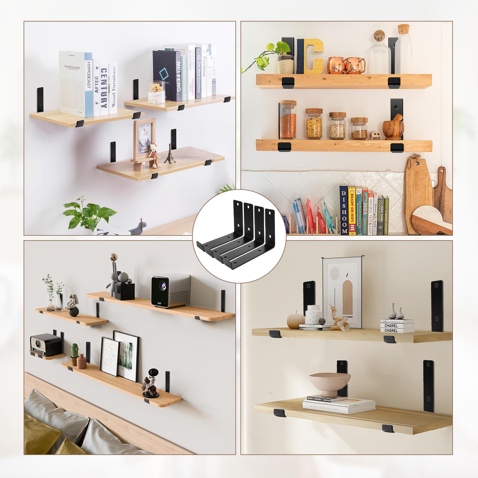 Soporte para estanterías de 20 cm, 4 unidades, color negro, forma de L, ángulo de carga pesada de 90 grados, estante industrial, soporte de pared
