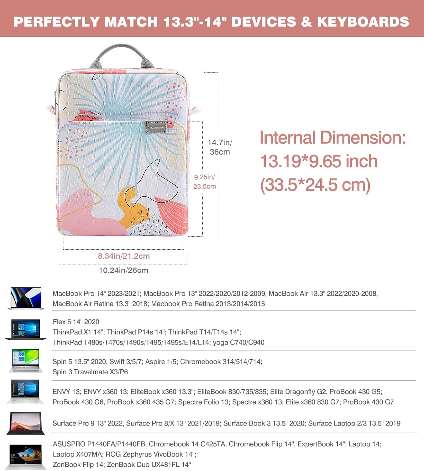 MoKo 13.3-14 Inch Laptop Sleeve Bag Fits MacBook Pro M3/M2 14" 2023, MacBook Pro 13" M2, New MacBook Air 13.6" M3/M2 2024/2022,Tab S8 Ultra 14.6",Handle Carrying Case with Shoulder Strap,Tropical Leaf - Image 2