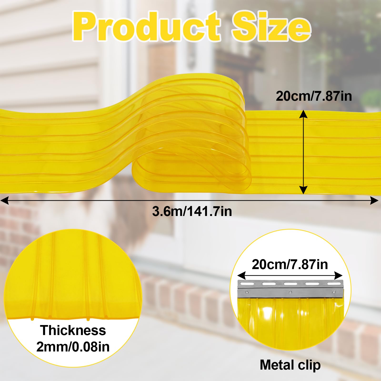Poweka Porta per Cuccia Cane,Tenda a Strisce in PVC 3,6m*20cm (con 2 Strisce di Metallo), Tenda a Strisce Gialla Trasparente Termoisolante e Resistente al Freddo per Tende Elastiche Industriali