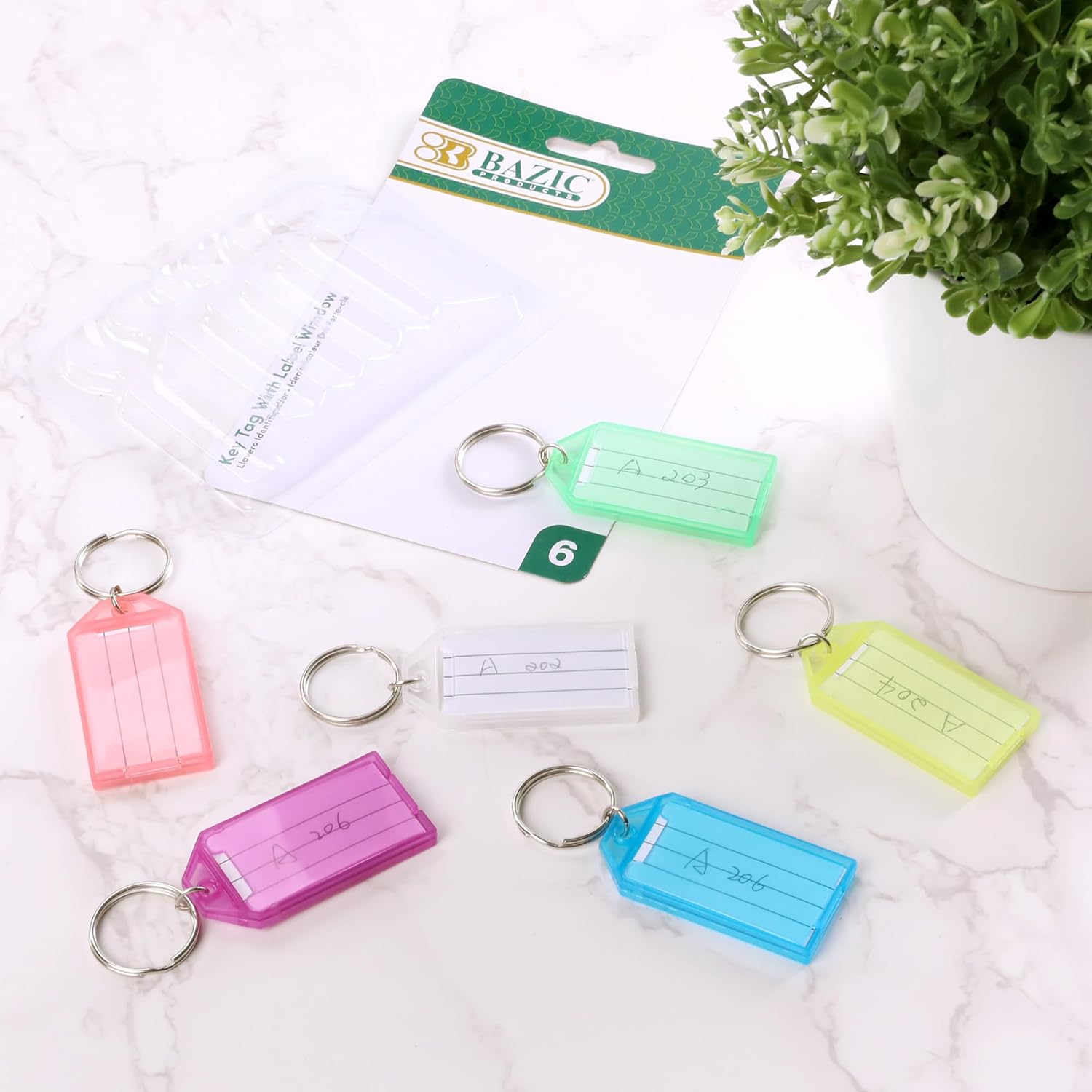 BAZIC Products Key Tag Label Window, Assorted Color Tags, Plastic Key Holder Key Ring, Identifier Name Number Address Information Label Card (6/Pack), 24-Packs