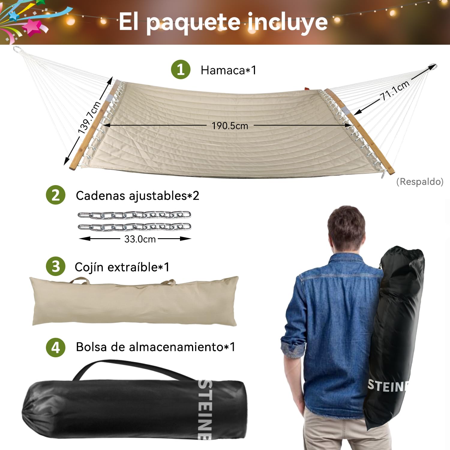 Hamaca Doble, 335 cm, Hamaca Exterior para 2 Personas con Almohada, Barra Separadora Curva Plegable, Cadenas, Bolsa de Transporte, para Interiores y Exteriores, Carga 204 Kg, Verde Agua