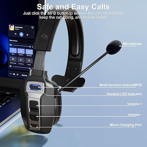 Miniatura 6 de Auriculares Bluetooth BRAMMAR Trucker con cancelación de ruido AI y micrófono, auriculares Trucker con 65 horas de tiempo de conversación y botón