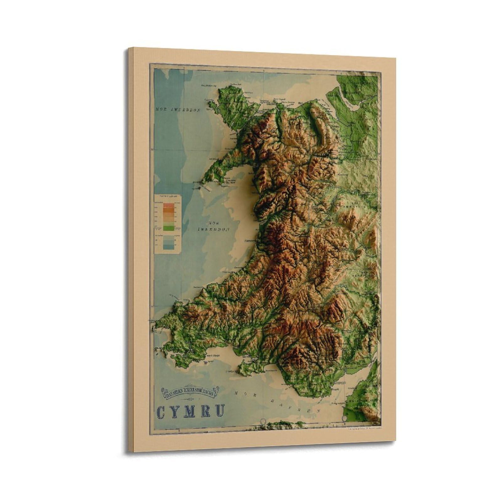 Nxiyuha Frame-Style Vintage Relief Map Poster Wales Map Decorative Painting Canvas Art Picture 20X30inch(50X75cm)