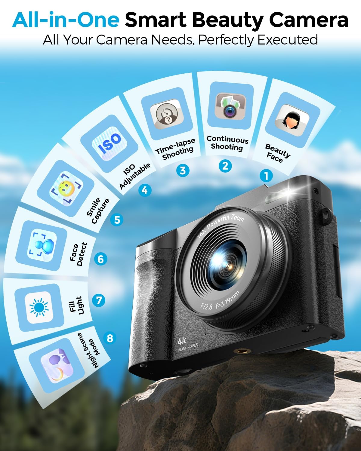 Camara De Fotos 4K: Maxmango 48 MP Cámara Digital Compacta con Pantalla Flip De 180° De 2,8", Autofocus Vlogging con 32GB, 16X Zoom, para Principiantes Niña Niños Chico Adolescentes