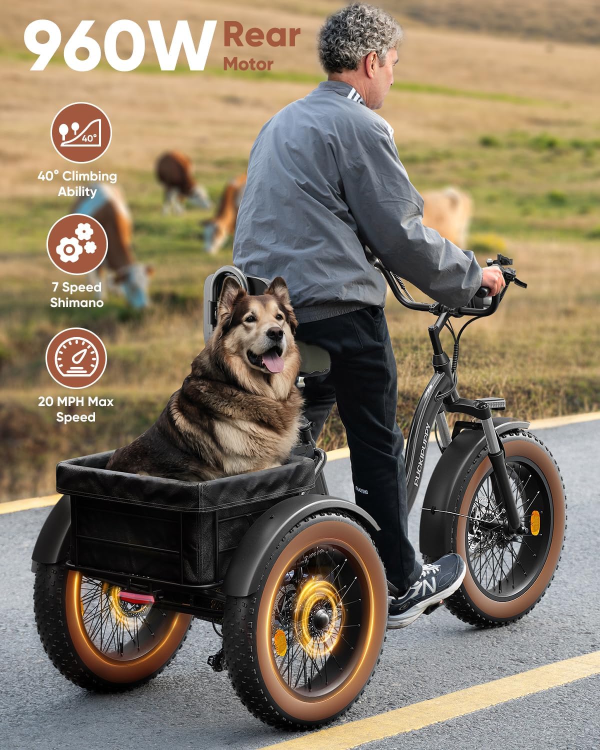 PUCKIPUPPY Electric Tricycle for Adults Alaskan, Rear Motor Electric Trike with Large Basket, 20" 6061 Aluminum Folding Ebike Frame, 3 Wheel Cargo Tricycle