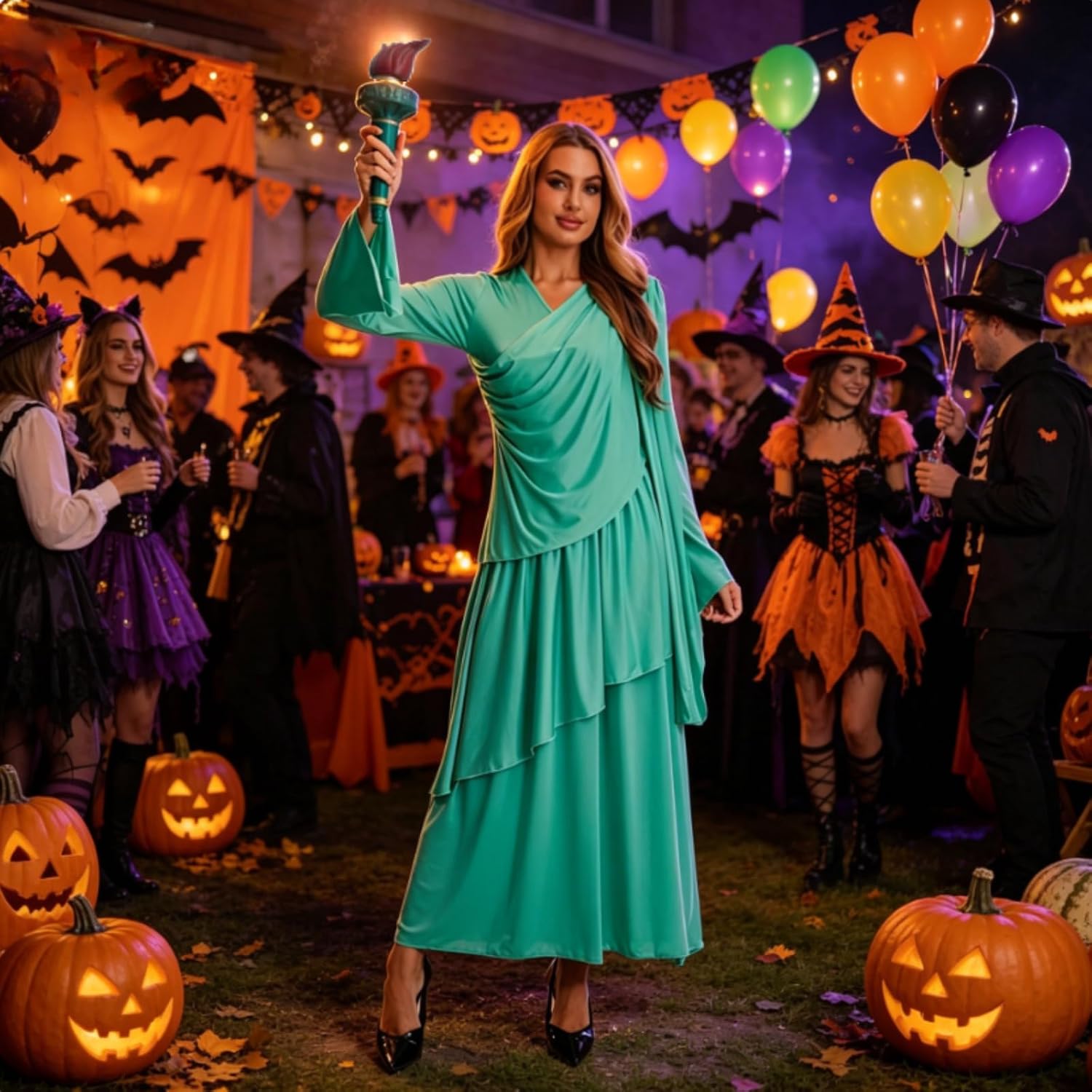 yolsun Women Lady Liberty Costume Set, Statue of Liberty Halloween Cosplay Dress, Book Day Independence Day Role Play Outfit