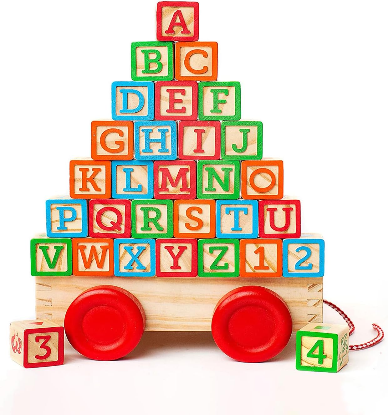 Building Blocks for Toddlers 1-3 Years Old, 30 Large Stackable Wooden Baby Blocks with Alphabet and Number Icons on Every Side, Toy Wagon Included
