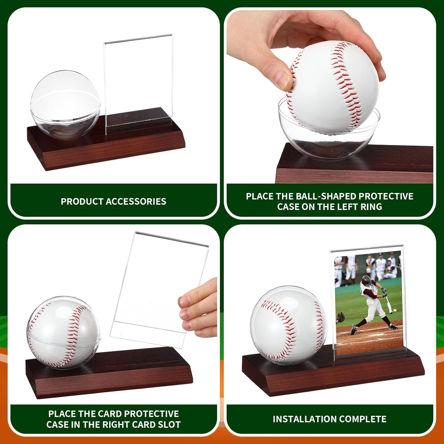 2 Sets Wood Baseball Display Case and Card Holder Baseball Holder Display Case for Ball and Card with Wood Base Showcase for Memorabilia Showcase