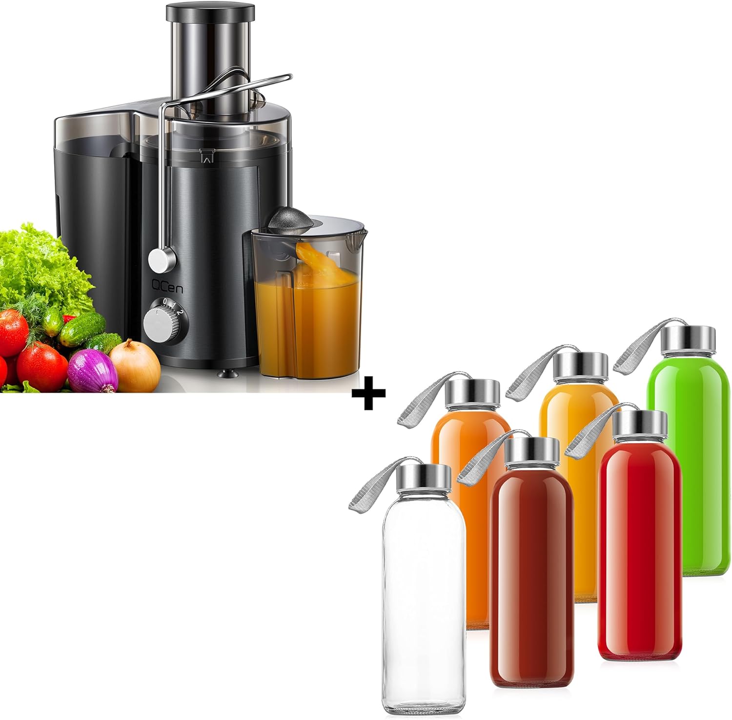 QCen 800W Juicer Machine Metallic Black and 6PCS Glass Bottle Bundle