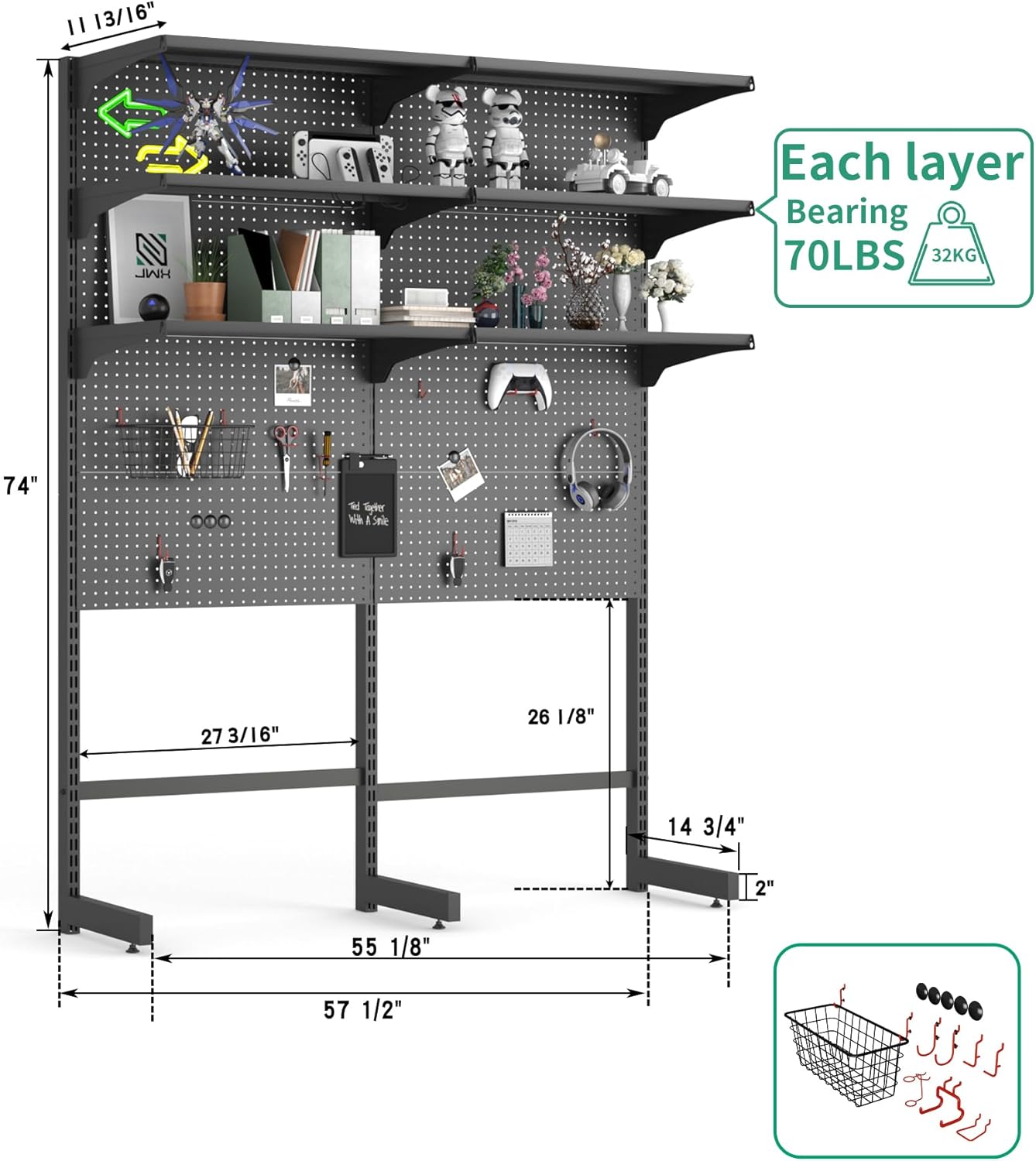Detailed dimensions of the JWX DDB Gaming Pegboard Standing Shelf Unit.