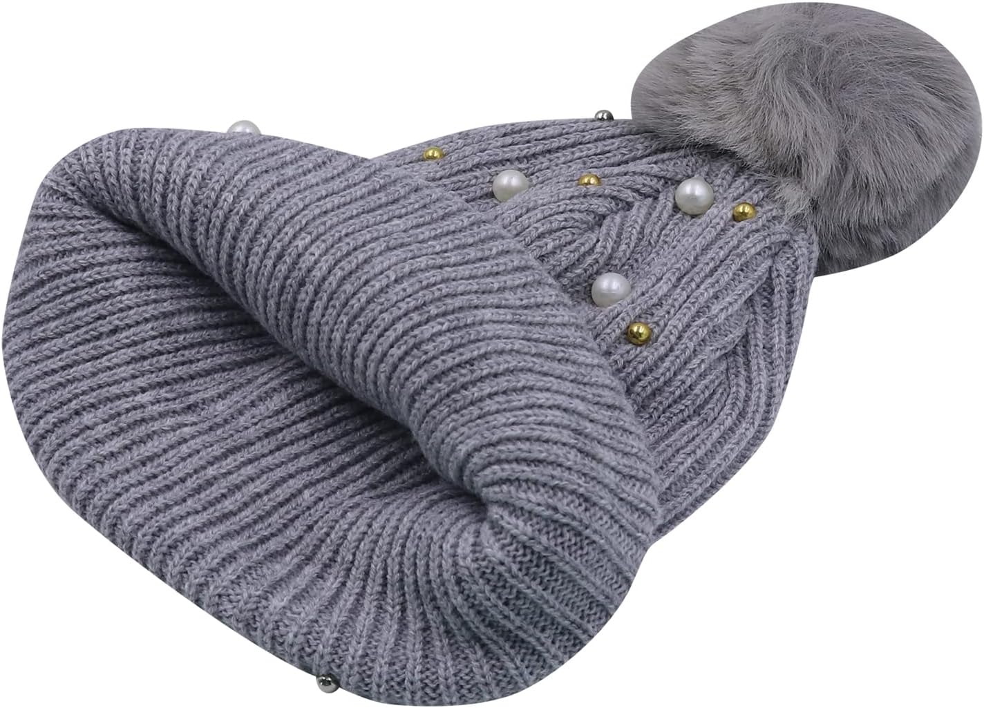 Womens Slouchy Winter Beanie Hat with Fur Ball Pompom Beanie Pearl Beads Fall Hat Warm Thick Knit Skull Ski Cap - Image 3
