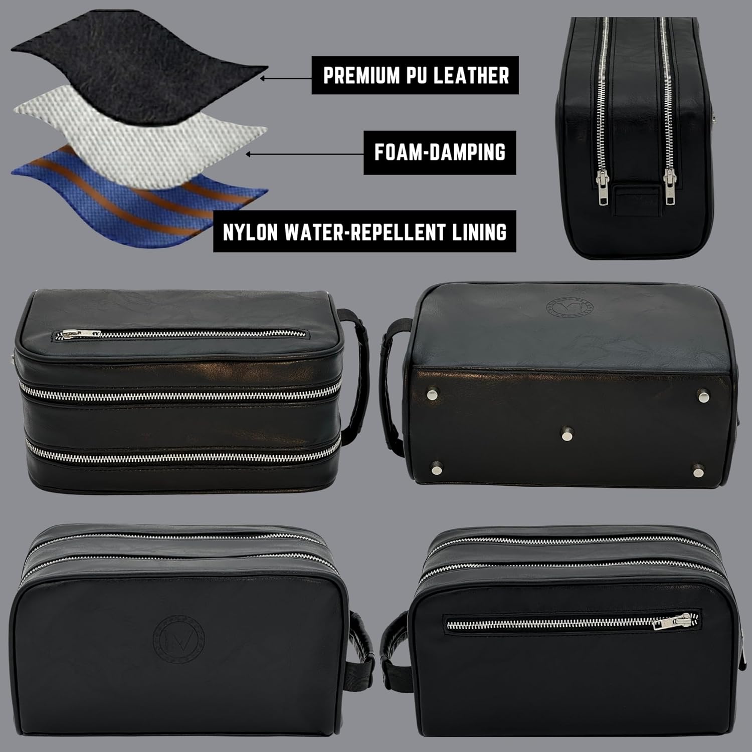 Toiletry Bag For Men, Premium PU Leather, Metal Zippers and Bottom Studs, Travel Essentials For Men, Waterproof Toiletry Bag, With Velvet Dust Bag, Mens Birthday Gift Ideas/BLACK