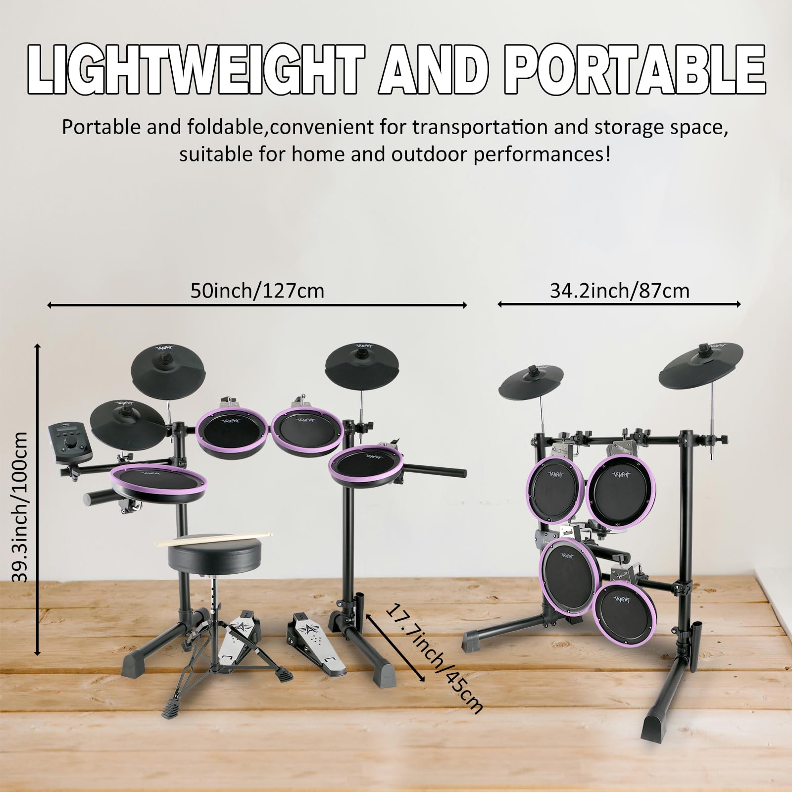 Elektrisches Schlagzeug-Set, elektronisches Schlagzeug-Set für Anfänger, elektrische Trommeln mit leisen Mesh-Pads, 20 Schlagzeug-Set, 350 Sounds 2 Pedale, Bluetooth-Sticks, Schlagzeughocker