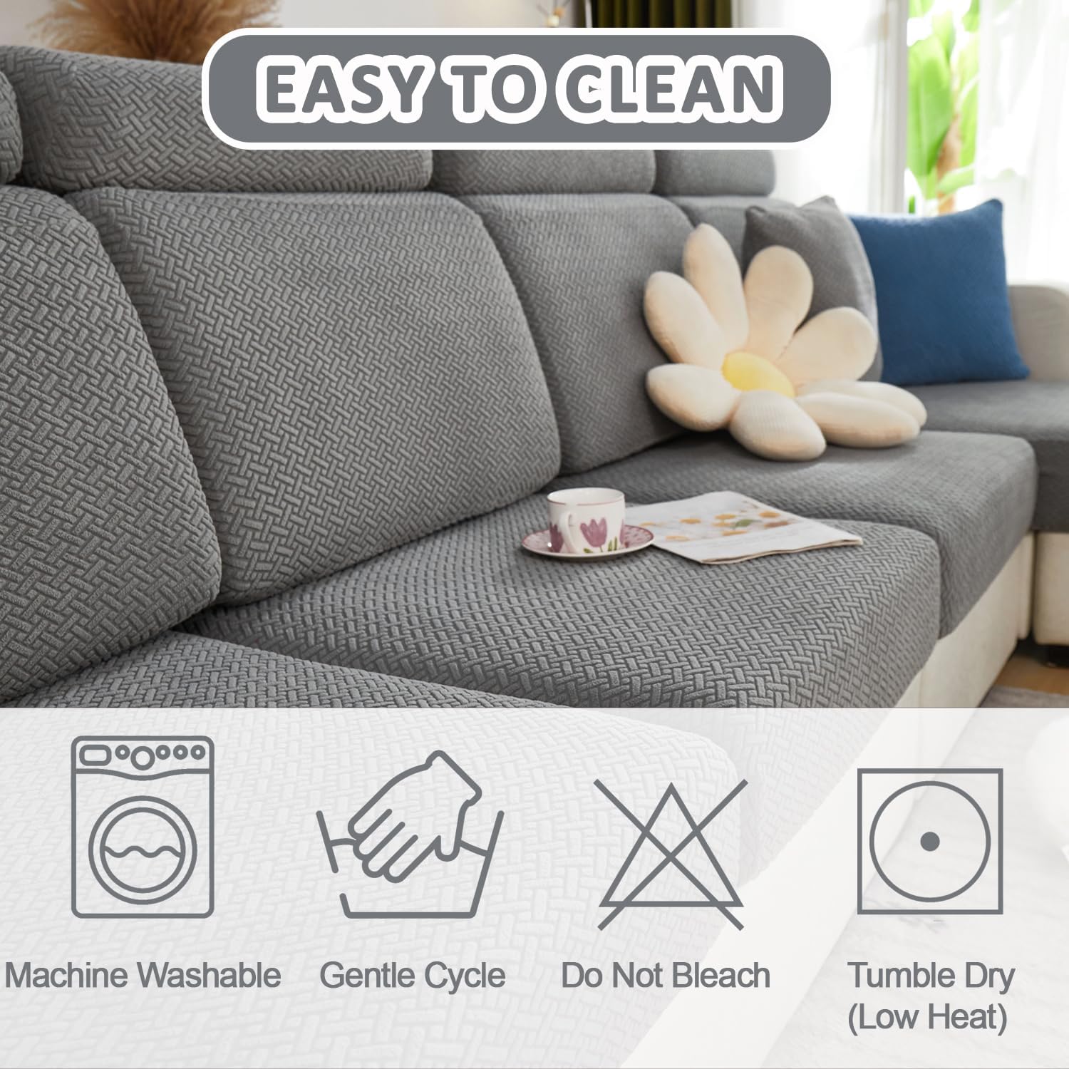 Couch Covers for Sectional Sofa Covers Washable Stretch Pet Couch Cushion Covers L Shape Dog Couch Cover Wear Resistant Anti Slip Sofa Slipcovers (Light Gray,3 Seater+1 Chaise)