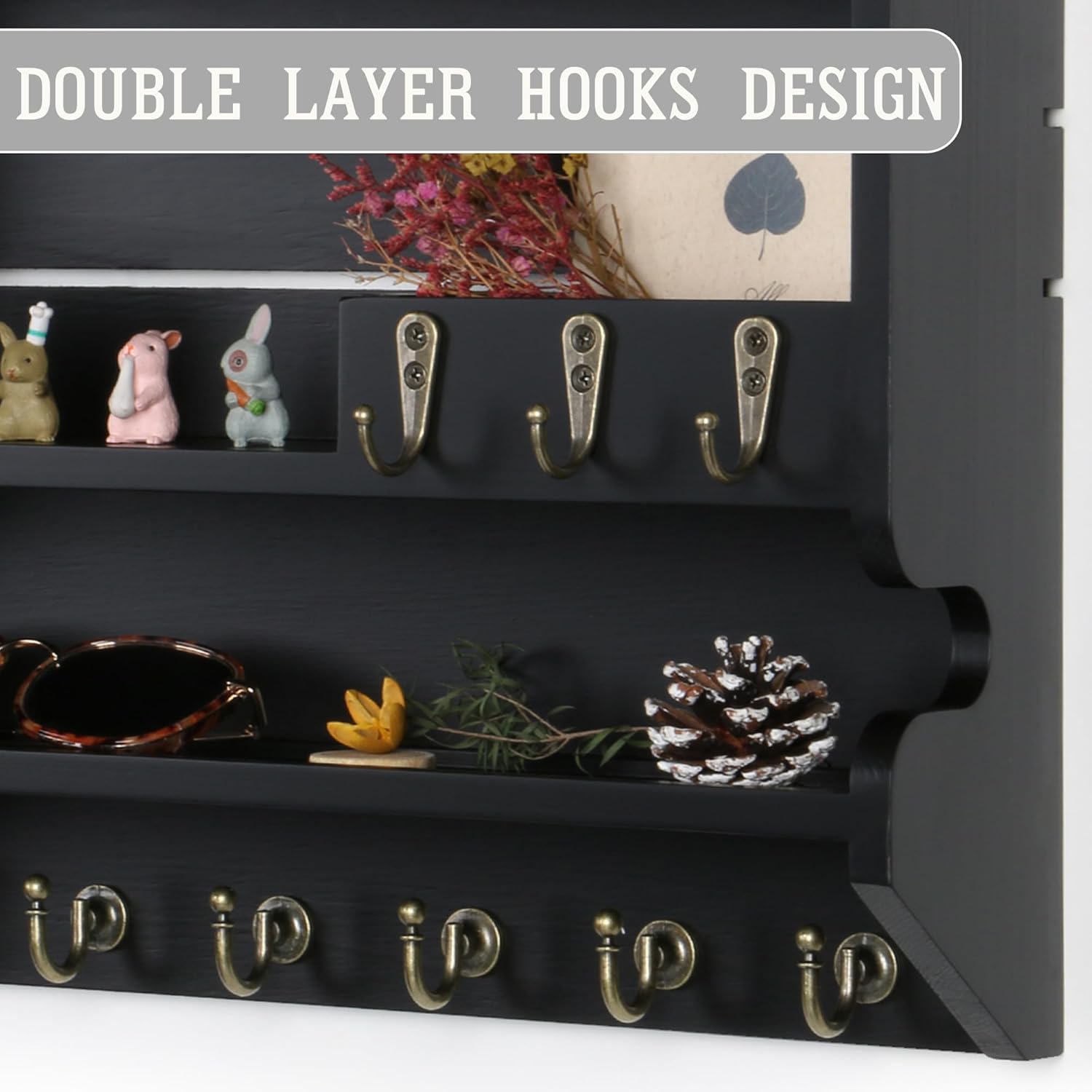 Innovation Handcrafted Solid Pine Wood Key Holder for Wall - Artisan Hand-Sprayed Mail Organizer Wall Mount with 9 Heavy Duty Hooks, Finely Sanded Smooth Surface Entryway Decor, Black