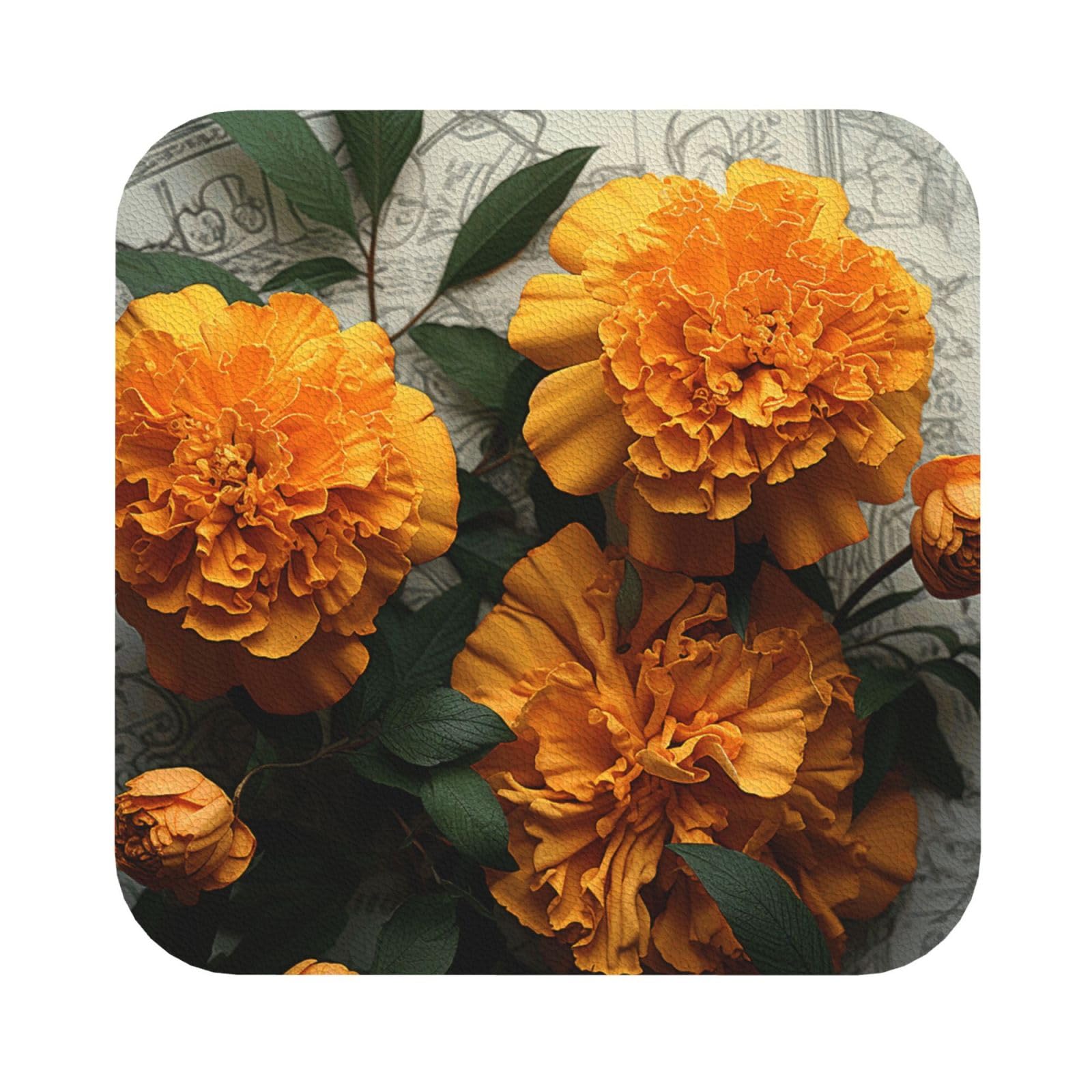 Fodpand Square Marigold Drink Coasters Set Of 4, Heat Resistant Leather Coasters Fuuny Bar Beer Beverage Coaster For Drinks, Absorbent Cup Mat For Tabletop Protection, Housewarming Gift