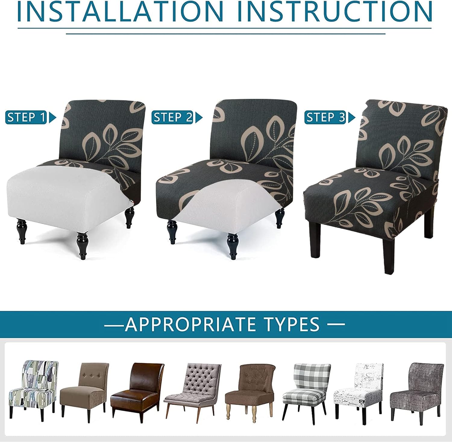 HAOYONG Armless Accent Chair Cover, Stretch Chair Slipcover Printed Slipper Chair Covers Furniture Protector Covers for Living Dining Room Hotel