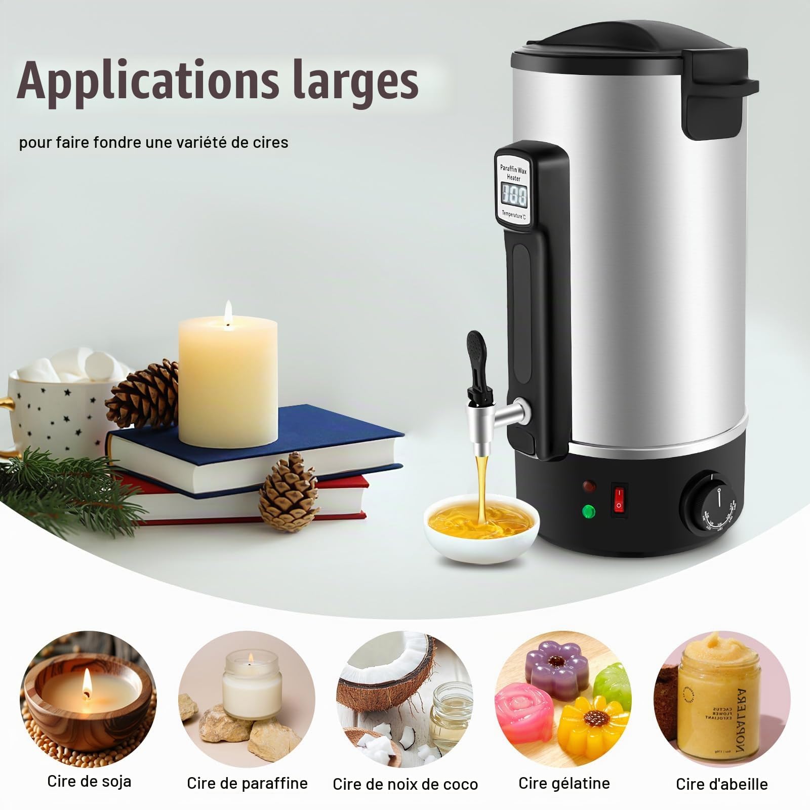 Fondoir Cire Bougie Machine Pot De Fusion Cire éLectrique Acier Inoxydable 10.8L, 1100 W Bec Verseur Machine à Fondre La Cires RéGlage 30-110 ℃, Affichage Numérique LED, Pour Fabrication De Bougie