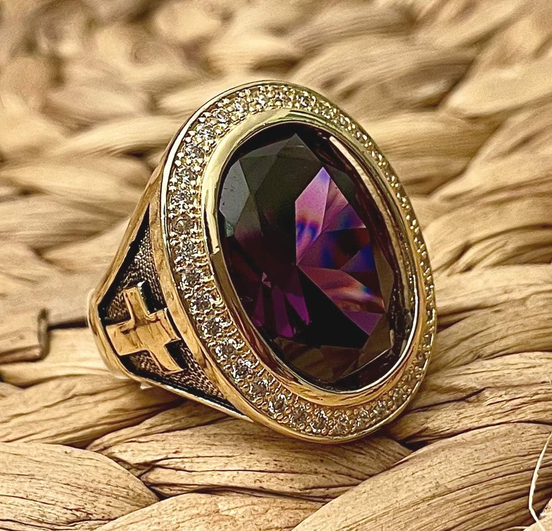 Purple Amethyst Cubic Zirconia 14k Gold Plated Bishop Cross and Midre Ring